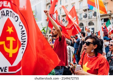 MILAN, ITALY - APRIL 25 2022: Comunist Politica Party In Milan To Celebrate The Anniversary Of The Liberation Of Italy From Nazism And Fascism And Claiming For Peace