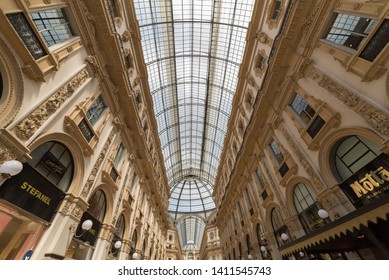 Milan, Italy- April 30, 2019 -  architecture interior of  Vittorio Emanuele gallery