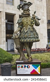 MILAN, ITALY - APRIL 8 2014: Arcimboldo Sculptures By Dante Ferretti, A Symboll Of Milan 2015 Expo In The Street