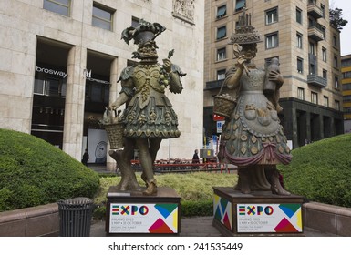 MILAN, ITALY - APRIL 8 2014: Arcimboldo Sculptures By Dante Ferretti, A Symboll Of Milan 2015 Expo In The Street