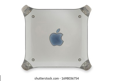 Milan, Italy - April 8, 2020: Close Up On A Vintage Apple Computer, The Power Mac G4, Resting On White Background With Clipping Path.