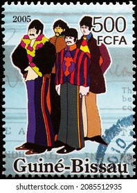 Milan, Italy - August 01, 2020: The Beatles of Yellow Submarine on postage stamp