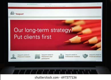 Milan, Italy - August 10, 2017: Vanguard website homepage. It is an American investment management company based in Malvern. Vanguard logo visible.