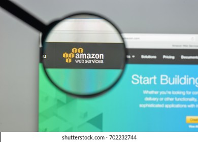 Milan, Italy - August 10, 2017: Amazon Web Services Website Homepage. It  Is A Subsidiary Of Amazon.com That Provides On-demand Cloud Computing Platforms. AWS Logo Visible.