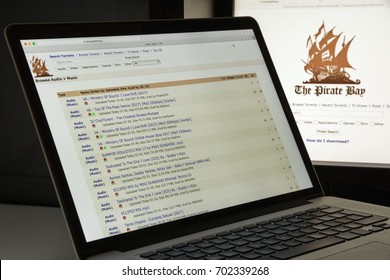 Milan, Italy - August 10, 2017: The pirate bay website homepage. It is an online index of digital content of entertainment media and software. The pirate bay logo visible.