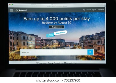 Milan, Italy - August 10, 2017: Marriott Website. It Is An American Multinational Diversified Hospitality Company That Manages And Franchises A Broad Portfolio Of Hotels. Marriott Logo Visible.