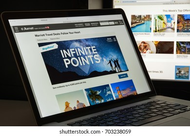 Milan, Italy - August 10, 2017: Marriott Website. It Is An American Multinational Diversified Hospitality Company That Manages And Franchises A Broad Portfolio Of Hotels. Marriott Logo Visible.