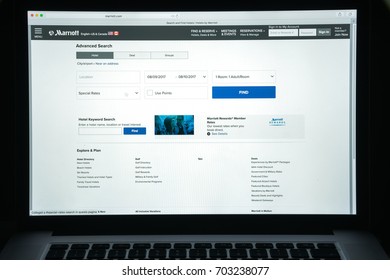 Milan, Italy - August 10, 2017: Marriott Website. It Is An American Multinational Diversified Hospitality Company That Manages And Franchises A Broad Portfolio Of Hotels. Marriott Logo Visible.