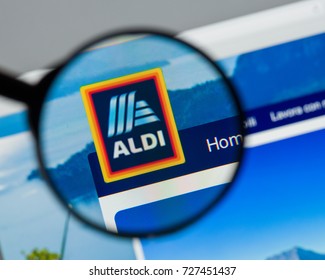 Milan, Italy - August 10, 2017: ALDI website homepage. It is the common brand of two leading global discount supermarket chains with over 10,000 stores in 18 countries. ALDI logo visible.