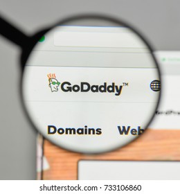Milan, Italy - August 10, 2017: GoDaddy logo on the website homepage.