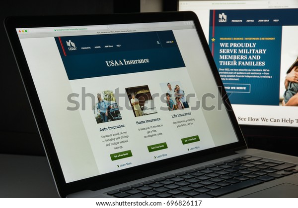 Milan, Italy August 10, 2017: Usaa website\
homepage. It is a Texas-based diversified financial services group\
of companies. Usaa logo\
visible.