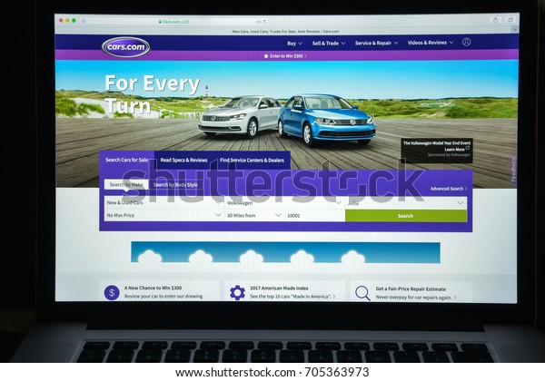 Milan,\
Italy - August 10, 2017: Cars.com website homepage. It is a website\
which was launched in June 1998. It is the second largest\
automotive classified site. Cars.com logo\
visible.