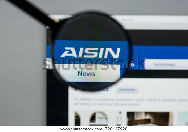 Milan, Italy -\
August 10, 2017: Aisin Seiki\
 website. It is a Japanese\
corporation which develops and produces components and systems for\
the automotive industry. Aisin Seiki\
logo.