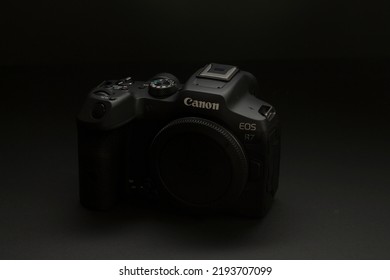 Milan, Italy - August 13, 2022: Close Up On Canon EOS R7 Mirrorless Camera In A Studio Environment. No People Are Visible.