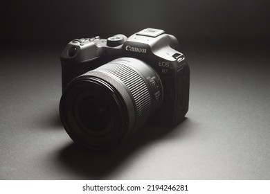 Milan, Italy - August 13, 2022: Close Up On Canon EOS R7 Mirrorless Camera In A Studio Environment. No People Are Visible.