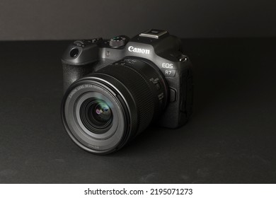 Milan, Italy - August 13, 2022: Close Up On Canon EOS R7 Mirrorless Camera In A Studio Environment. No People Are Visible.