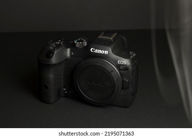 Milan, Italy - August 13, 2022: Close Up On Canon EOS R7 Mirrorless Camera In A Studio Environment. No People Are Visible.