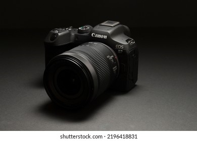 Milan, Italy - August 13, 2022: Close Up On Canon EOS R7 Mirrorless Camera In A Studio Environment. No People Are Visible.