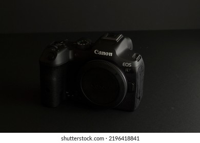 Milan, Italy - August 13, 2022: Close Up On Canon EOS R7 Mirrorless Camera In A Studio Environment. No People Are Visible.