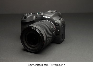 Milan, Italy - August 13, 2022: Close Up On Canon EOS R7 Mirrorless Camera In A Studio Environment. No People Are Visible.