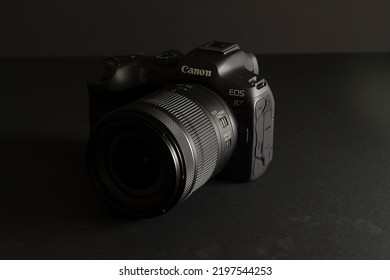 Milan, Italy - August 13, 2022: Close Up On Canon EOS R7 Mirrorless Camera In A Studio Environment. No People Are Visible.