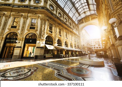 MILAN, ITALY - AUGUST 29, 2015: Luxury Store In Galleria Vittorio Emanuele II Shopping Mall In Milan, With Tasted Italian Restaurants.