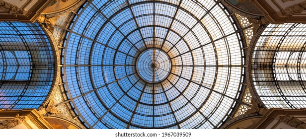 MILAN, ITALY - CIRCA AUGUST 2020: Architecture In Milan Fashion Gallery, Italy. Dome Roof Architectural Detail.