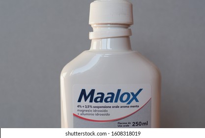 MILAN, ITALY - CIRCA DECEMBER 2019: Maalox Antacid Bottle (Italian Version)