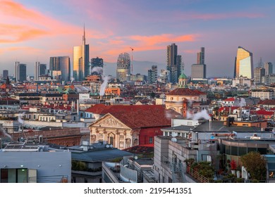 Milan, Italy City Skyline With New And Old Architecture At Dusk.