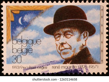 Milan, Italy – December 11 2018: René Magritte Portrait On Belgian Postage Stamp