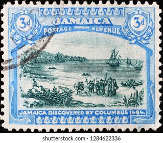 Milan, Italy – December 12, 2018: Landing Of Christopher Columbus On Vintage Jamaican Postage Stamp	