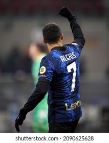 MILAN, ITALY - DECEMBER 12, 2021: 
Alexis Sanchez of Internazionale celebrates scoring the second goal during the Serie A 2021-2022 INTER v CAGLIARI at San Siro Stadium. 