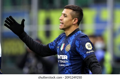 MILAN, ITALY - DECEMBER 12, 2021: 
Alexis Sanchez of FC Internazionale celebrates after scoring a goal 2-0 during the Serie A 2021-2022 INTER v CAGLIARI at San Siro Stadium. 