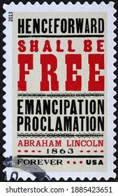 Milan, Italy - December 13, 2020: Emancipation Proclamation Issued By Abraham Lincoln On Stamp