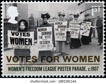 Milan, Italy - December 14, 2020: Women Demanding The Vote In 1907 On British Stamp