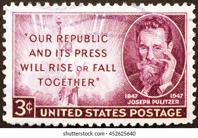 Milan, Italy - December 16, 2014: Joseph Pulitzer In Old American Postage Stamp