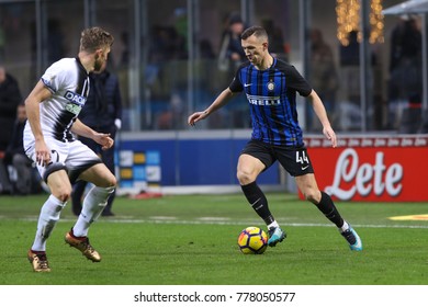 Milan, Italy,  December 16 2017: Perisic Ivan Tries To Dribble Widmer Silvan During Football Match FC INTER Vs UDINESE, Italy League Serie A 2017/2018 17day, San Siro Stadium