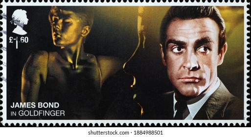 Milan, Italy - December 17, 2020: Sean Connery in Goldfinger on british postage stamp