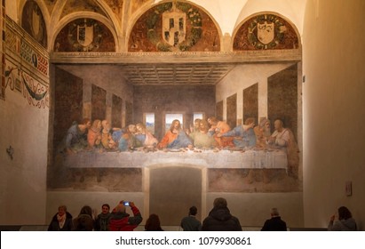 Milan, Italy - December 2017: tourists enjoying The Last Supper masterpiece in the city church