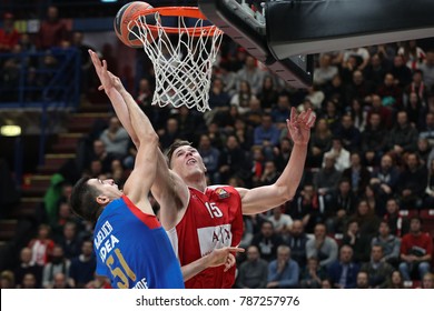 Milan, Italy December 29 2017: Tarczewski Kaleb And Bjelica Milko Battle For Rebound During Basketball Match AX ARMANI EXCHANGE OLIMPIA MILAN Vs RED STAR MTS BELGRADE; EuroLeague 2018.