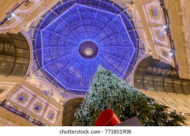 MILAN, ITALY - DECEMBER 7: Christmas Lights And Xmas Tree Under Galleria Roof At 