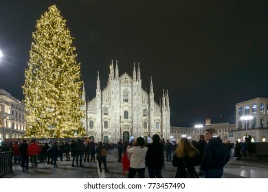 MILAN, ITALY - DECEMBER 7: Christmas Lights Of Xmas Tree And Duomo Square View At 