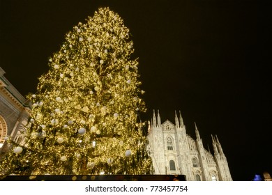 MILAN, ITALY - DECEMBER 7: Christmas Lights Of Xmas Tree And Minster Facade At 