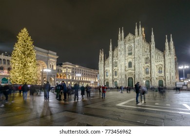 MILAN, ITALY - DECEMBER 7: Duomo Square Night Time View With Christmas Lights And Big  Xmas Tree At 