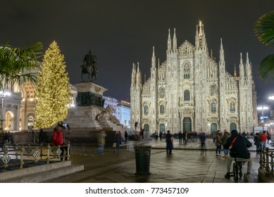 MILAN, ITALY - DECEMBER 7: Duomo Square View With Christmas Lights And Big  Xmas Tree At 