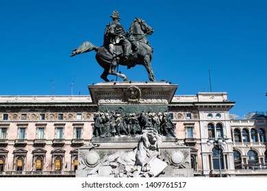 Milan, Italy, Europe, 03/28/2019: Equestrian Monument To Victor Emmanuel II Of Savoy, The First King Of Italy From 1861 To 1878, Made In 1896 By The Italian Sculptor Ercole Rosa In Piazza Del Duomo