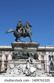 Milan, Italy, Europe, 03/28/2019: Equestrian Monument To Victor Emmanuel II Of Savoy, The First King Of Italy From 1861 To 1878, Made In 1896 By The Italian Sculptor Ercole Rosa In Piazza Del Duomo