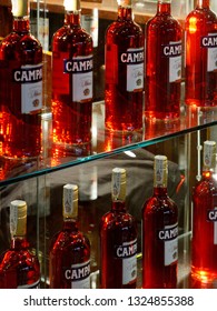 Milan, Italy, Feb 17, 2019: Campari Bottles At The Campari Shop Store Window In Corso Vittorio Emanuelle II