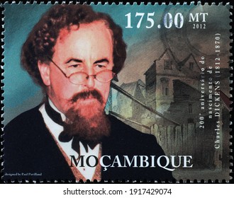 Milan, Italy  - February 02, 2021: Charles Dickens Portrait On Postage Stamp