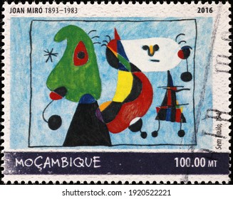 Milan, Italy  - February 02, 2021: Abstract painting by Joan Mirò on african stamp